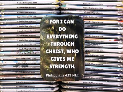 Stack of metal magnets with a motivational quote on one magnet, branded 'PraiseBeMagnets.com'.