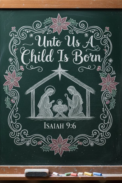 Decorative chalkboard with nativity scene and 'Unto Us a Child Is Born' text