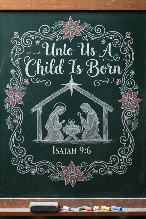 Decorative chalkboard with nativity scene and 'Unto Us a Child Is Born' text