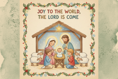 Nativity scene with 'Joy to the World, The Lord is Come' text on a decorative border.