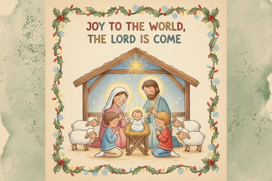 Nativity scene with 'Joy to the World, The Lord is Come' text on a decorative border.