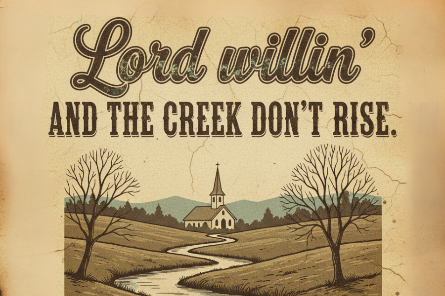 Vintage-style illustration with a church, trees, and a river, accompanied by the text 'Lord willin' and the creek don't rise.'.