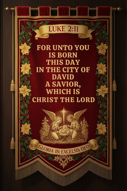 Decorative banner with Christmas text and nativity scene on a dark background