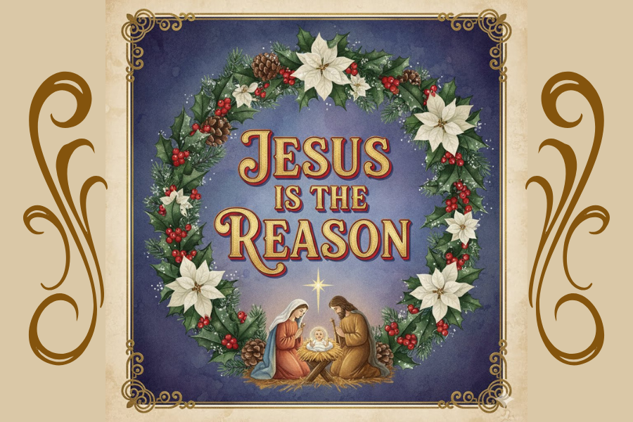 Christmas card with 'Jesus is the Reason' text, nativity scene, and decorative wreath.