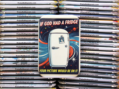 Stack of refrigerator magnets with a humorous design and text.