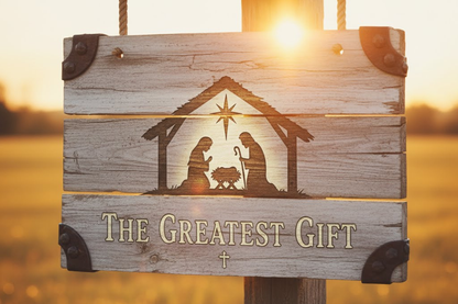 Wooden sign with nativity scene and 'The Greatest Gift' text against a sunset background